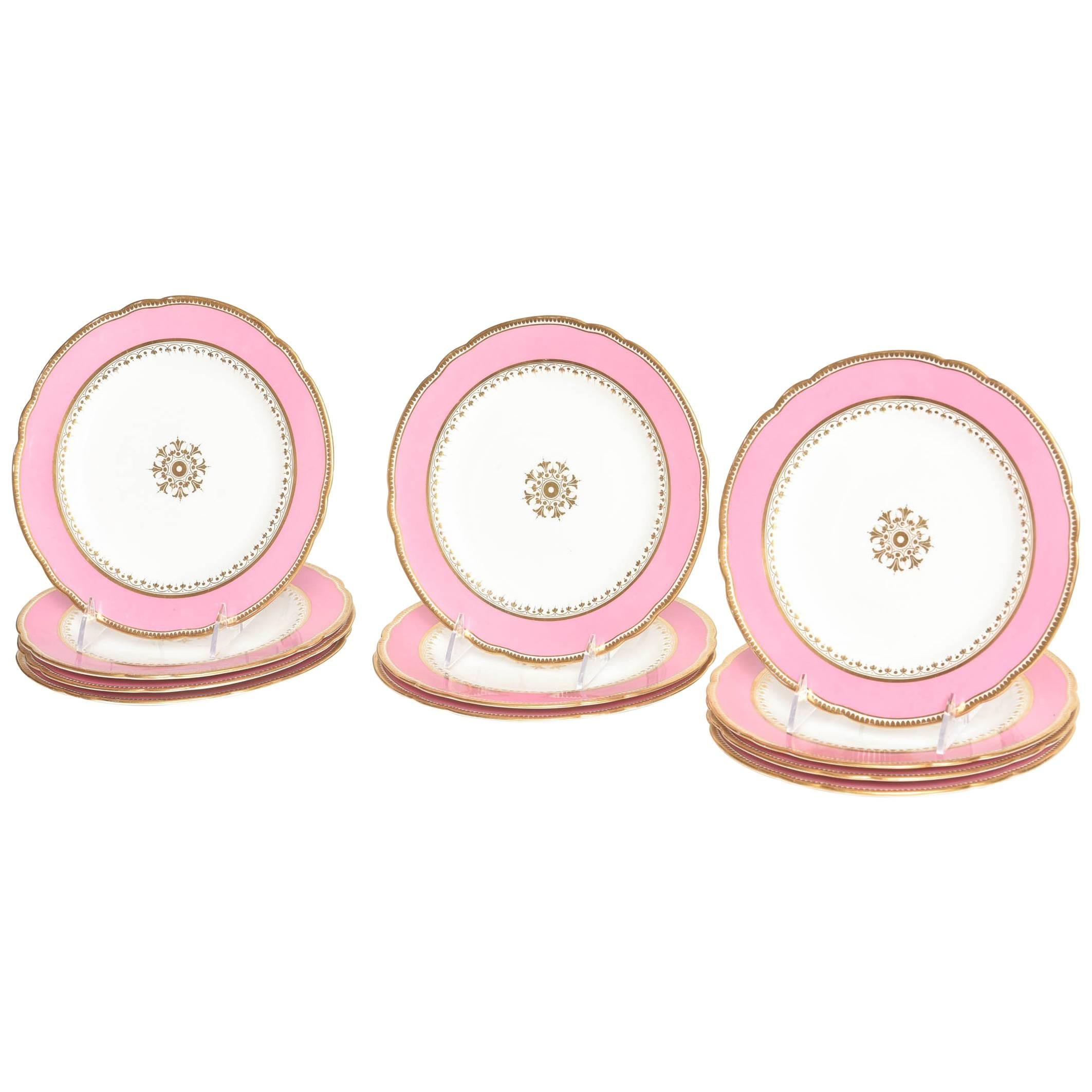 12 Antique Pink and Gold Dessert Plates, Gilt Centre Medallion