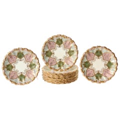 12 Exquisite and Stunning Plates, Pink and Green, Raised Gilt Encrusted, Scallop