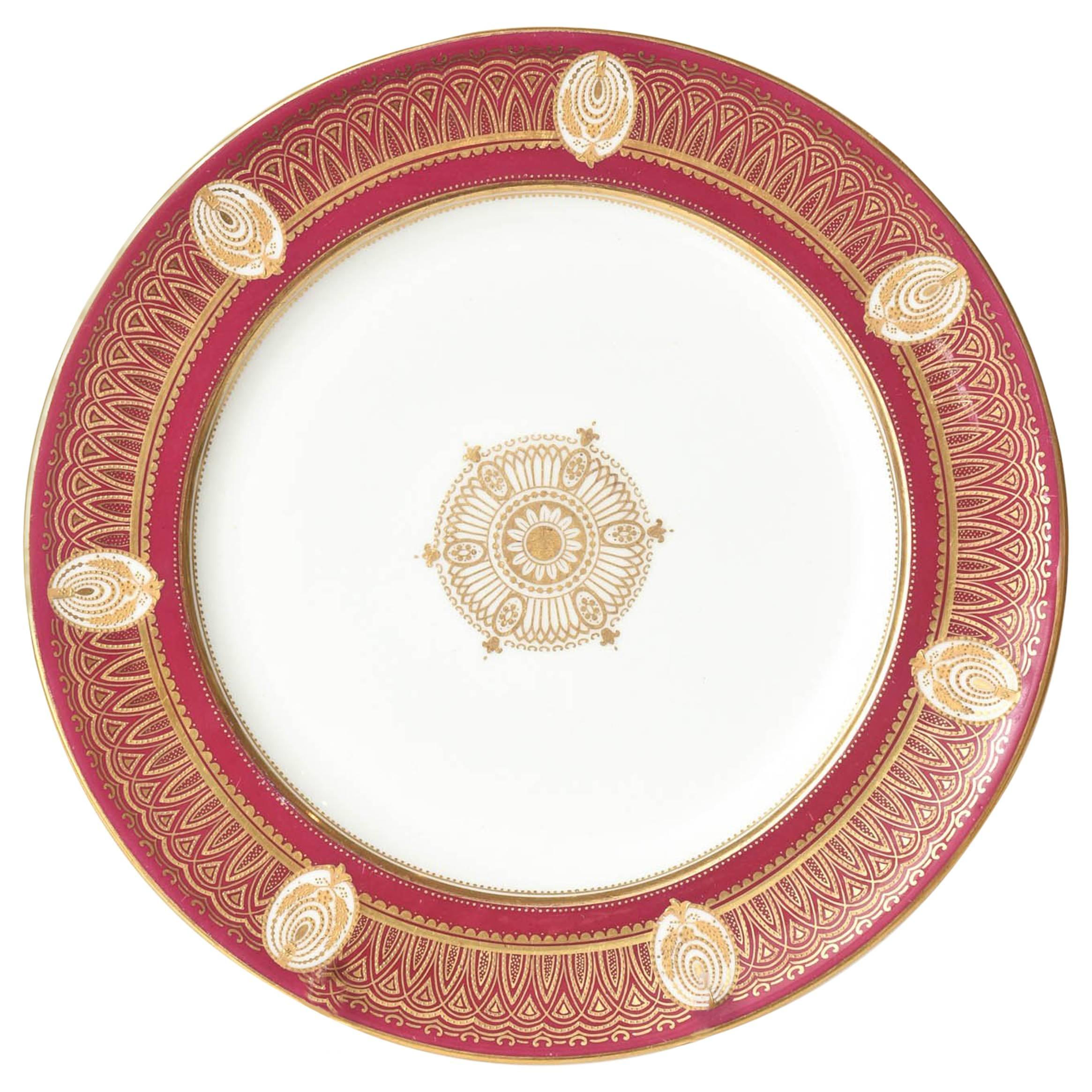 Stunning Ruby Red & Gilt Dinner Plates, Gold Medallion Centers, Raised Detail.11
