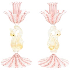 Pair of Venetian Pink White with Figural Swan Candlesticks, Latticino Swirls