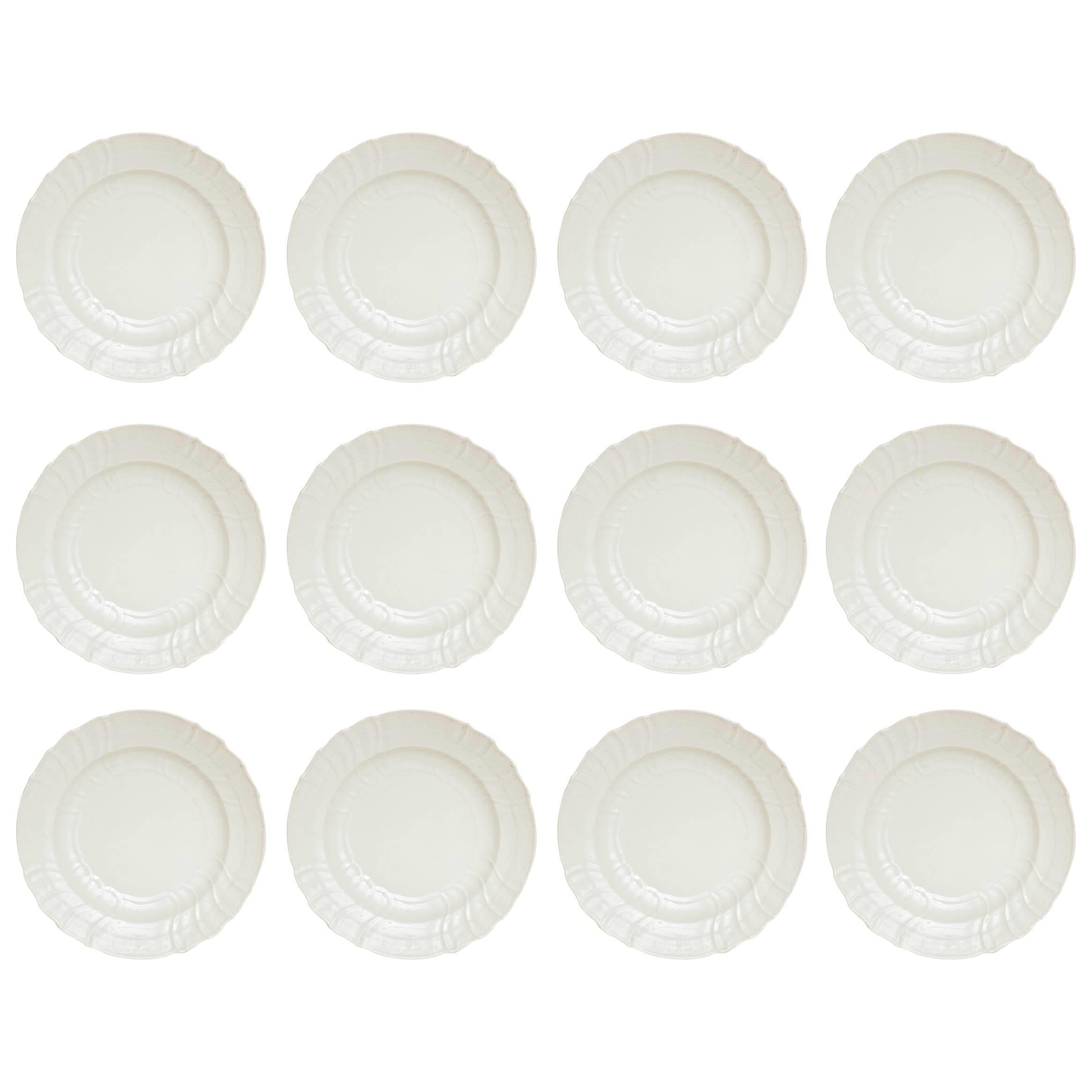 12 Dinner Plates, Antique Berlin, All White Blanc De Chine, Basket Weave Edge