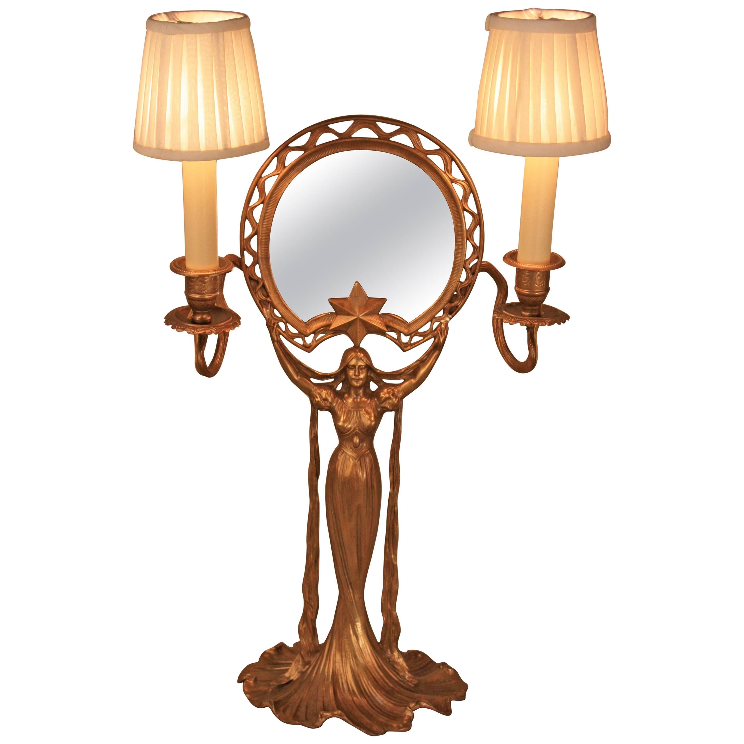 Bronze Art Nouveau Tabletop Mirror with Candleholder