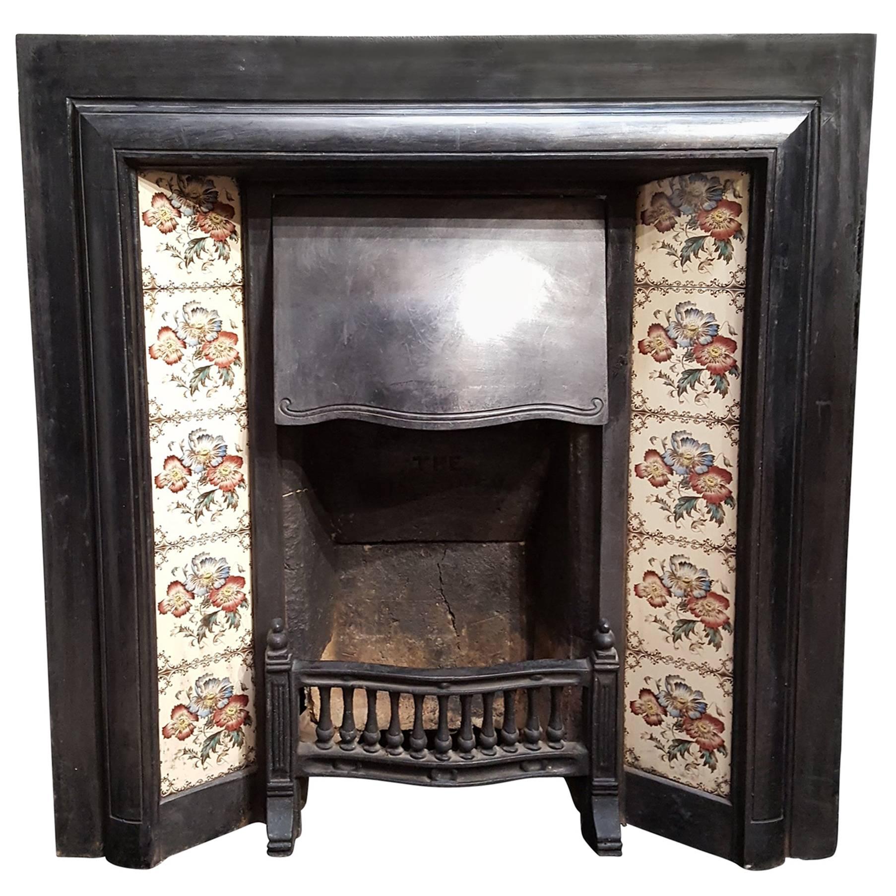 Cast Iron English Fireplace Edwardian Early 21st Century Original Flower Tiles For Sale