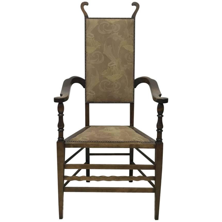 J S Henry Arts and Craft Walnut Armchair with Period Stylised Floral Fabric