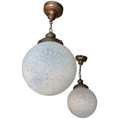 Antique Large Opaline Crinkle Glass Globe Railroad Pendant Lights