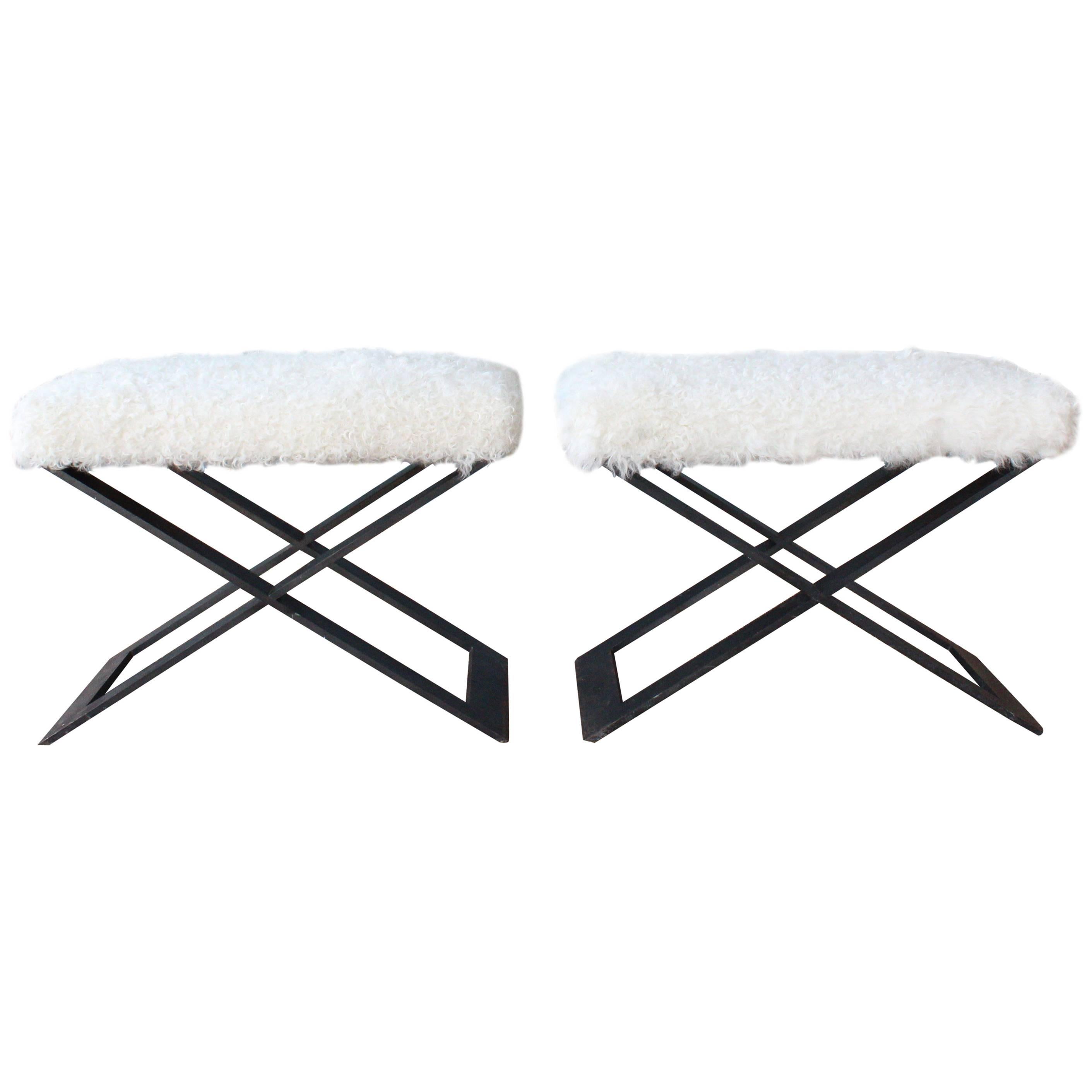 Pair of 'X' Steel-Base Stools with Shearling Upholstery