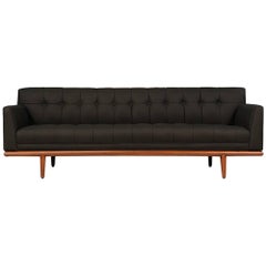 Mid-Century Tufted Black Leather Sofa