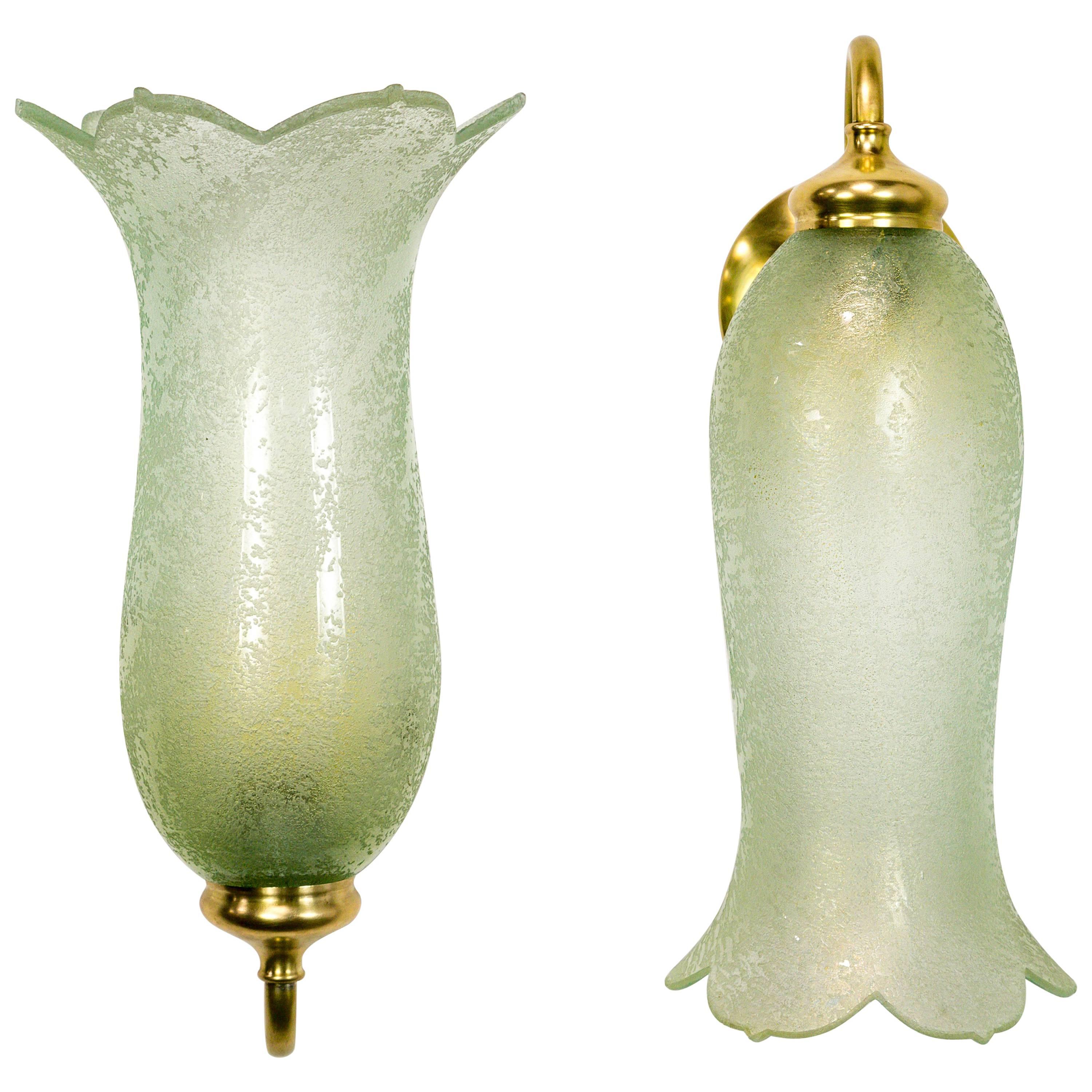 Antique Pale Green Textured Glass Bellflower Scroll Arm Sconces