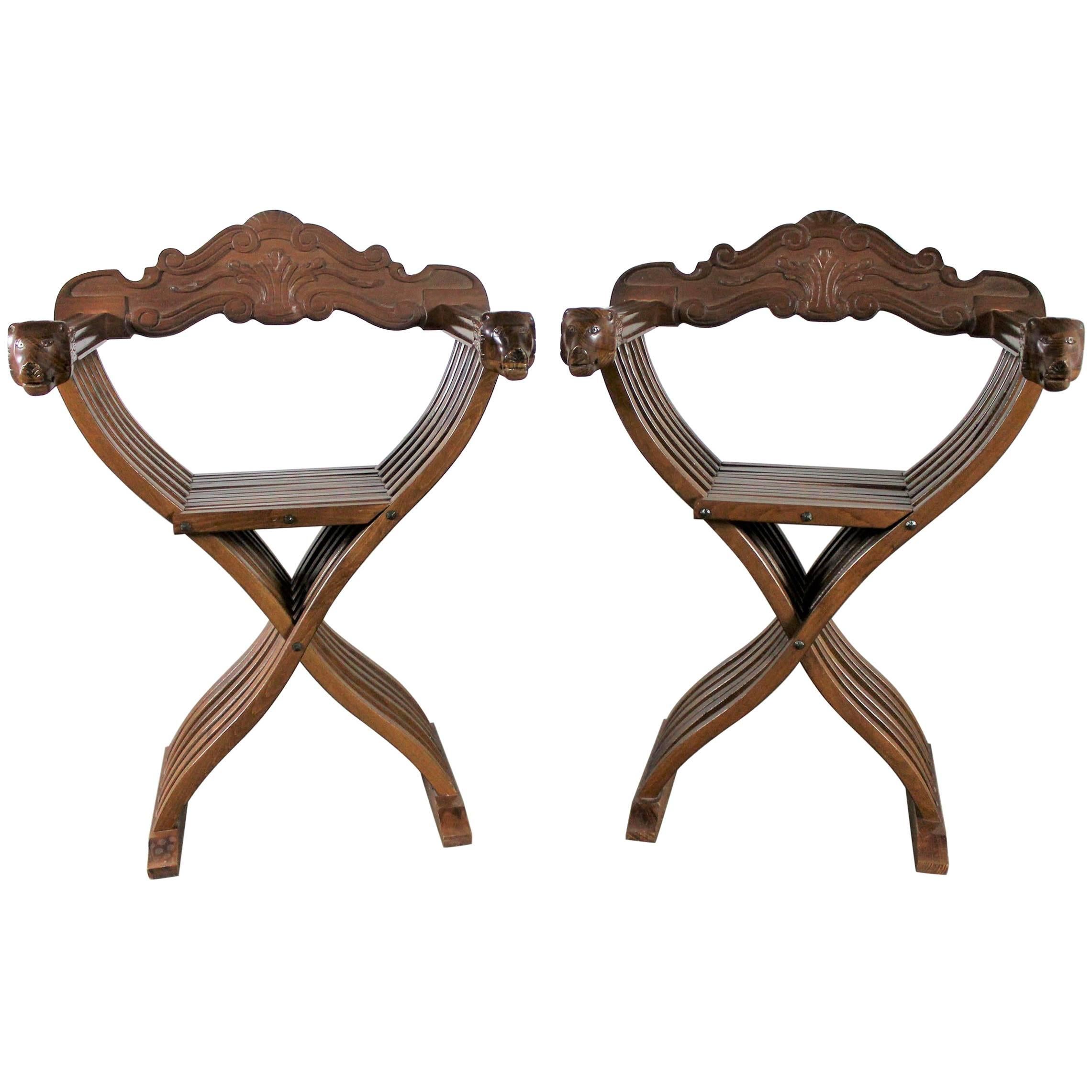 Walnut Savonarola Chairs with Carved Lion Head Arms Vintage, Pair