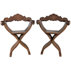 Walnut Savonarola Chairs with Carved Lion Head Arms Vintage, Pair