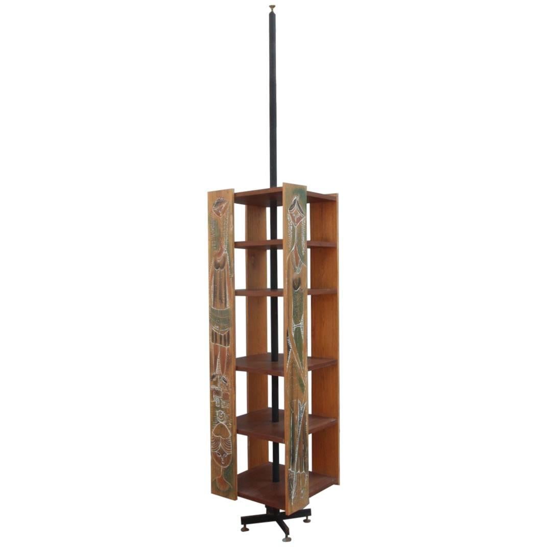 Bookcase 1962 Italian Mid-Century Modern Revolving Design Sculptural Wood For Sale
