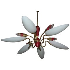 Retro Mid-Century Modern Chandelier, Glass, Brass, Lacquered Metal Italian Design