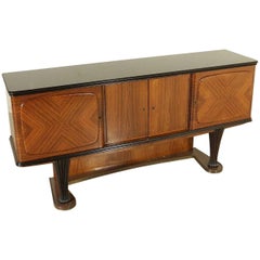 Chest of Drawers Rosewood Veneer Carved Wood Opal Glass Brass, Italy, 1950s
