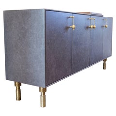 Handmade Bar Cabinet or Sideboard with Leather, Walnut Veneer and Brass