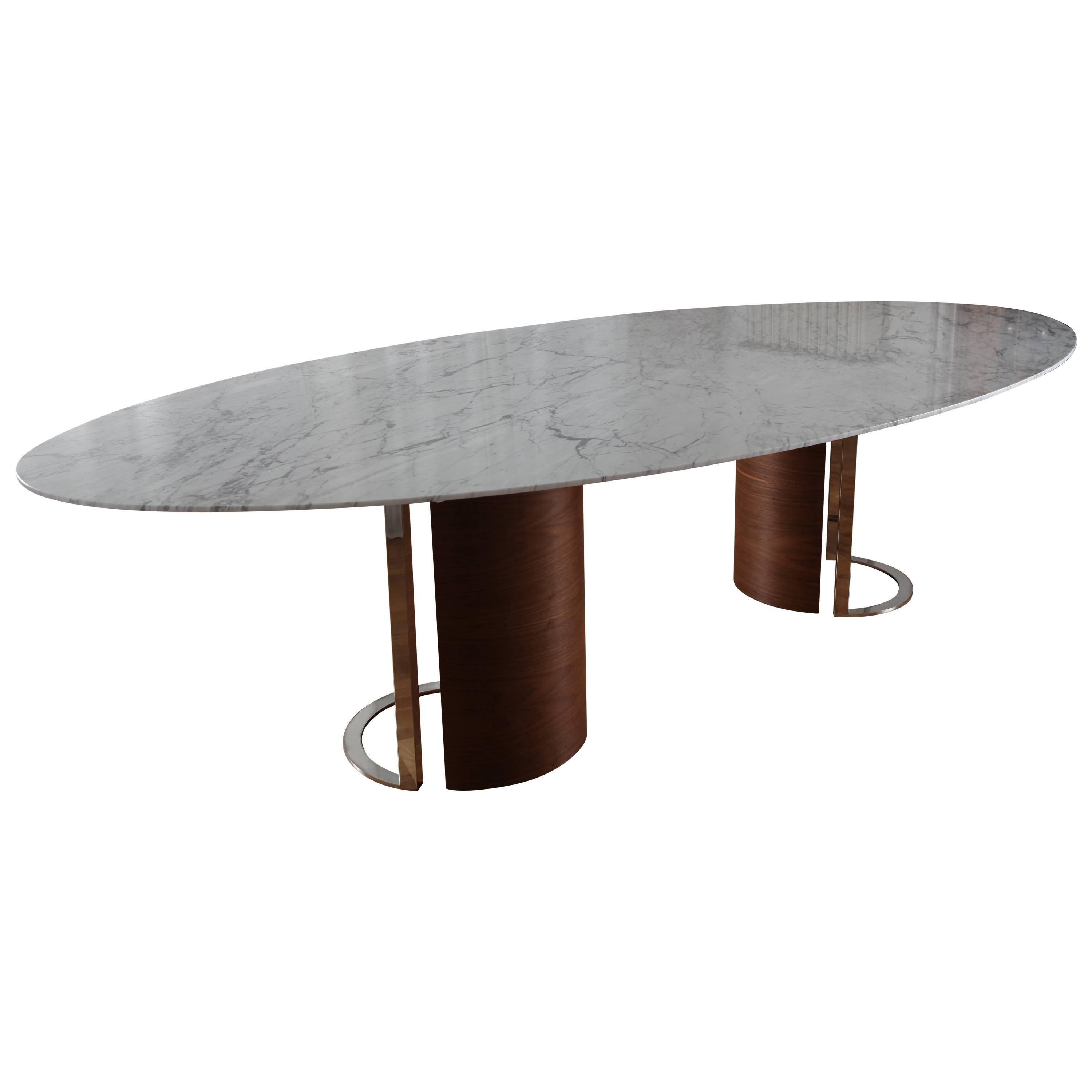 Contemporary Carrara Marble 'Kayra' Dining Table with Walnut Veneer Legs For Sale
