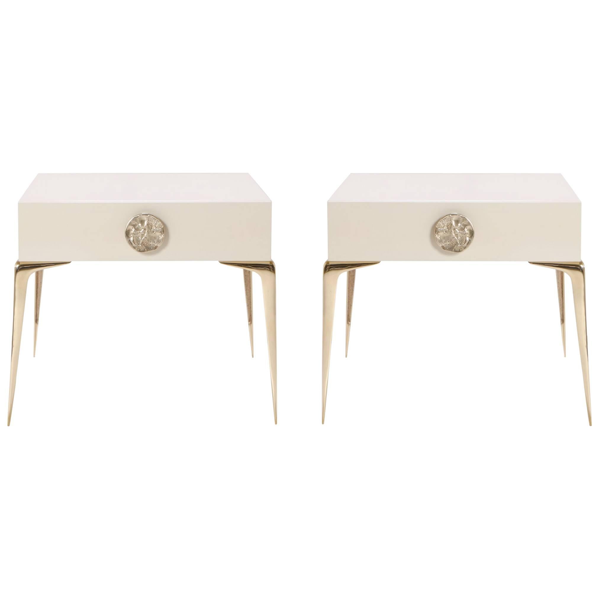 Colette Petite Brass Nightstands in Ivory Lacquer by Montage, Pair