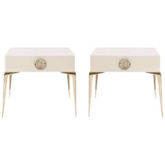 Colette Petite Brass Nightstands in Ivory Lacquer by Montage, Pair