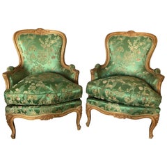 Pair of French Jansen Louis XV Style Bergère Chairs in Fine Fabric