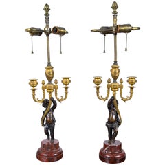 Pair of Antique Gilt and Patinated Bronze Putti Candelabra