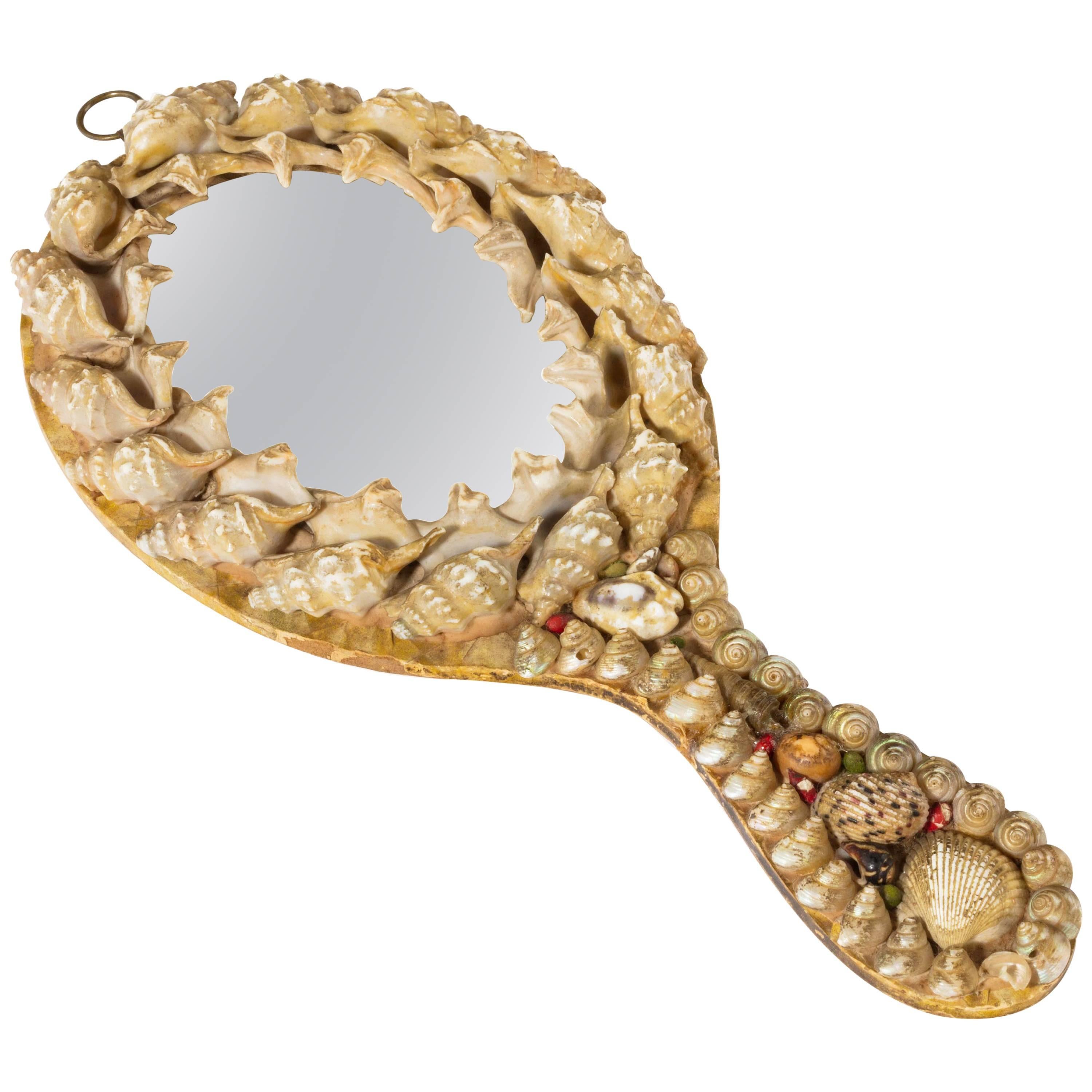 Late 19th Century Sailorwork Shell Encrusted Hand Mirror For Sale