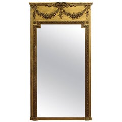 1880s Antique Tall Gilded French Mantle Mirror with Beaded Floral Swag Detail