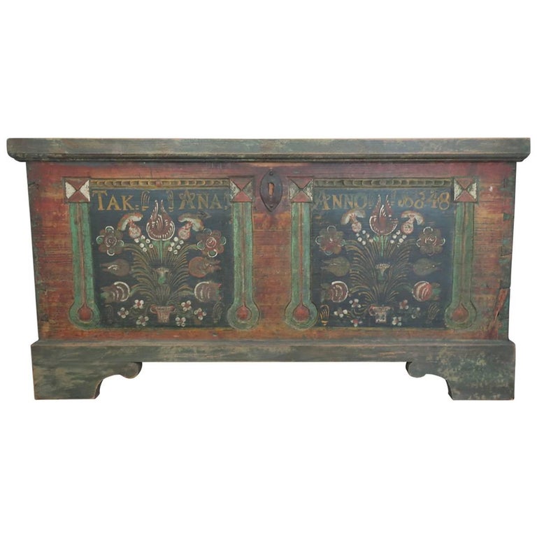 Painted Blanket Chest Signed 1848 at 1stDibs