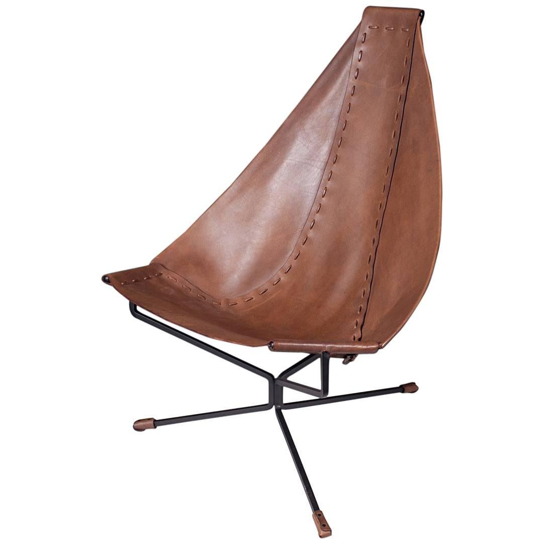 Enclosed Lotus Lounge Chair by Dan Wenger in Leather and Steel