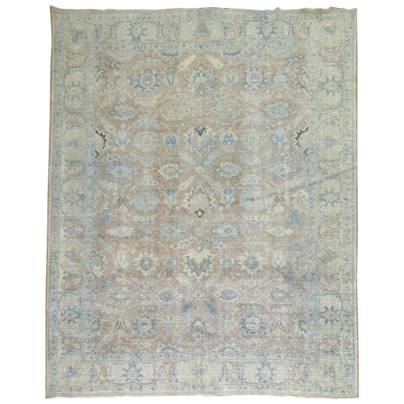 Soft Blue and Terracotta Antique Persian Tabriz Rug , Early 20th century