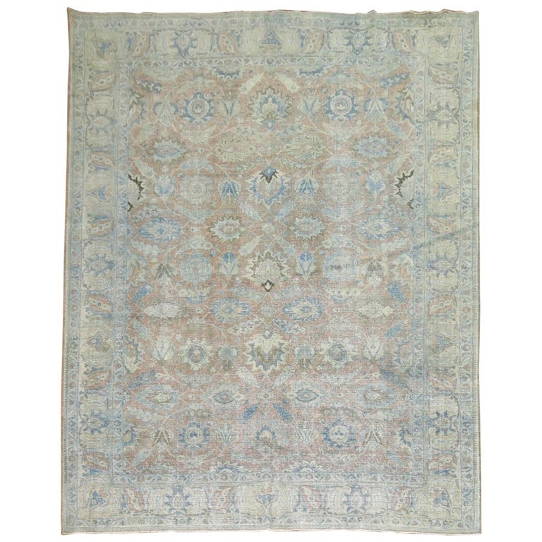 Soft Blue and Terracotta Antique Persian Tabriz Rug , Early 20th