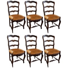 Set of Six French Oak Kitchen Dining Country Chairs with Rush Seats