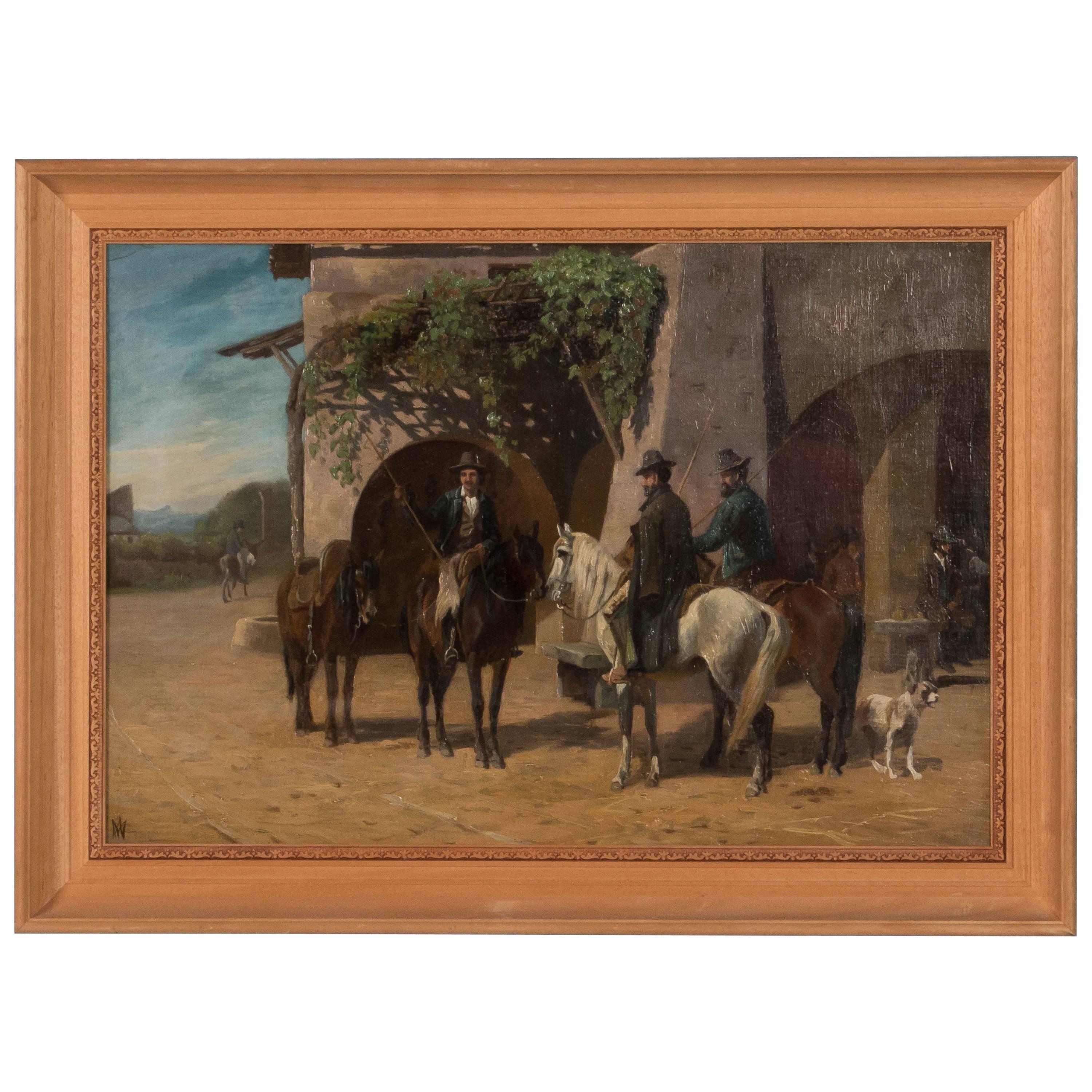 Peinture à l'huile ancienne du 19ème siècle représentant des chevaux par Adolf Mackeprang