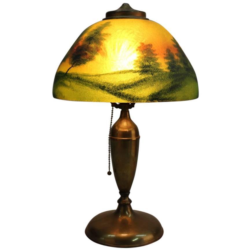 Antique Pittsburgh Reverse Painted Lamp, Landscape Scene, 20th Century