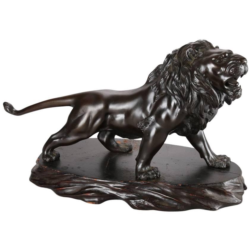 Large Antique Japanese Figural Bronze Lion Passant Signed, Carved Base