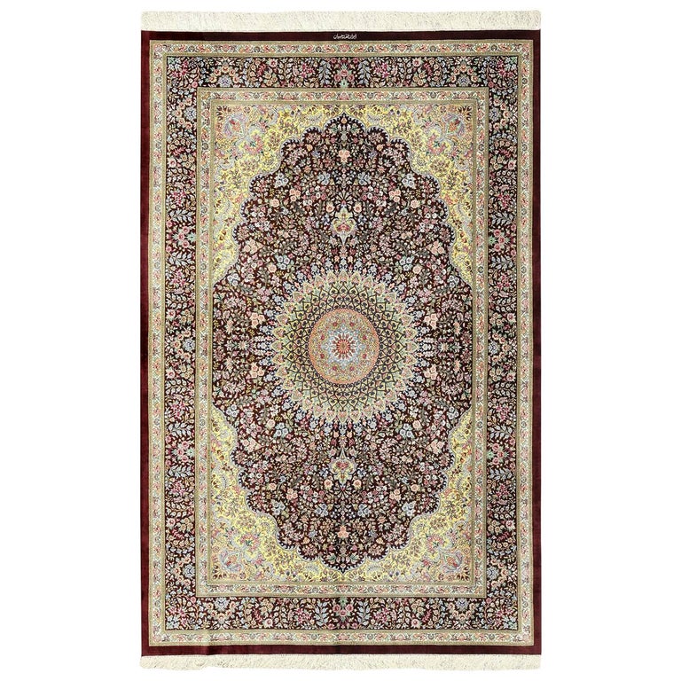 Small Brown Silk Persian Qum Rug For Sale at 1stdibs