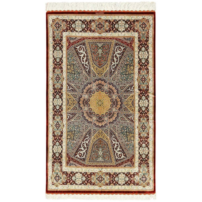 Small Size Geometric Persian Silk Qum Rug For Sale at 1stdibs
