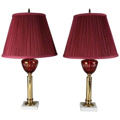 Pair of Cut to Clear Cranberry Glass, Marble and Brass Lamps, 20th Century