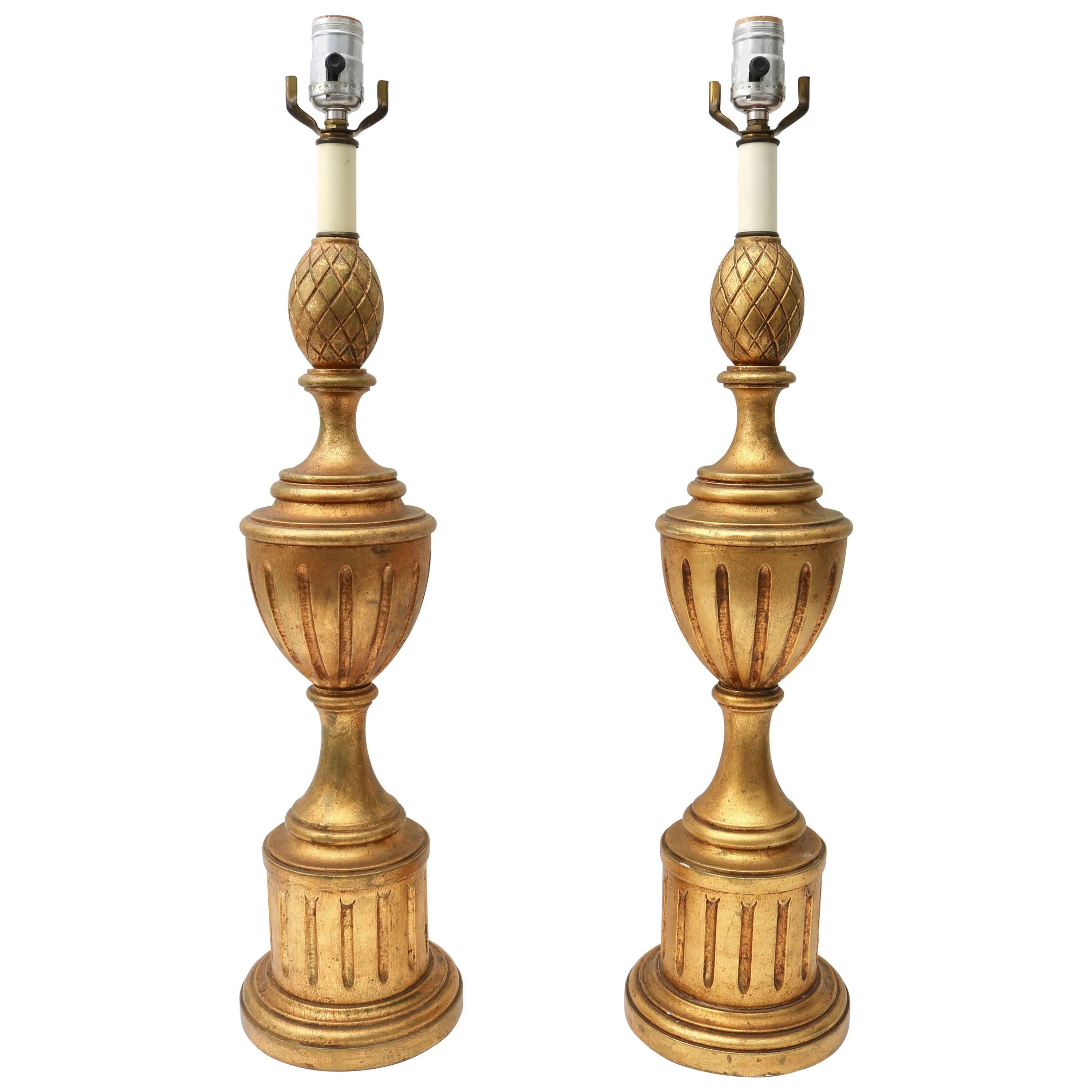 Pair of Louis XVI Style Urn-Form Table Lamps in a Bright, Antique Gold Finish