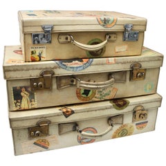 Set of Three Vintage British Hard-Side Suitcases in Vellum