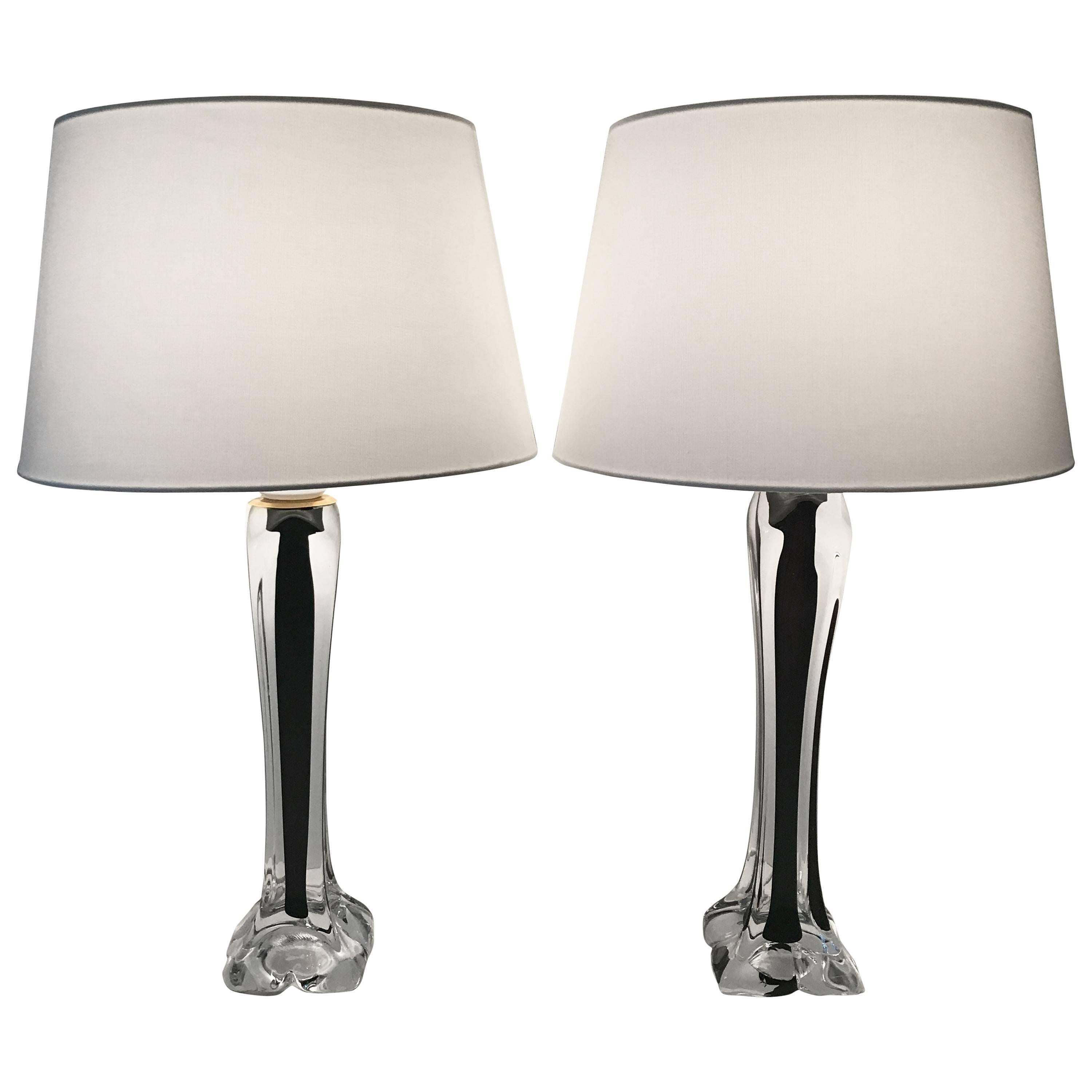 Pair of 1955 Large Swedish Flygsfors Crystal Glass Table Lamps Paul Kedelv For Sale