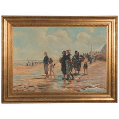 Retro Oil Painting Seascape of Woman with Oyster Baskets by Jose Ricardo