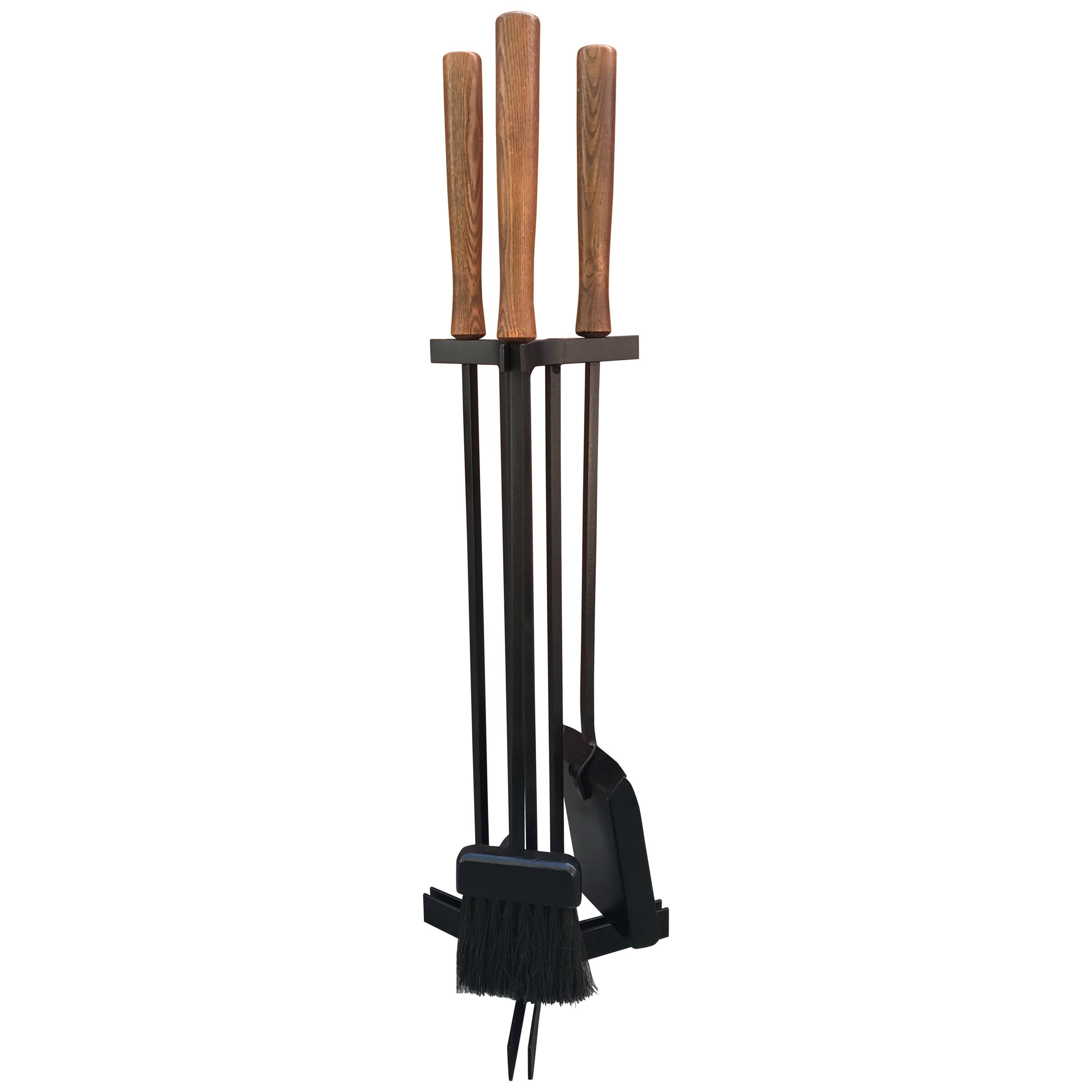 American Modern Iron and Wood Fireplace Tools For Sale