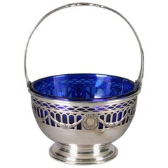 Antique Gorham Pierced Sterling Silver Sugar Basket with Cobalt Glass Liner