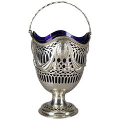 Antique Federal Pierced Sterling Silver Sugar Basket with Cobalt Glass Liner