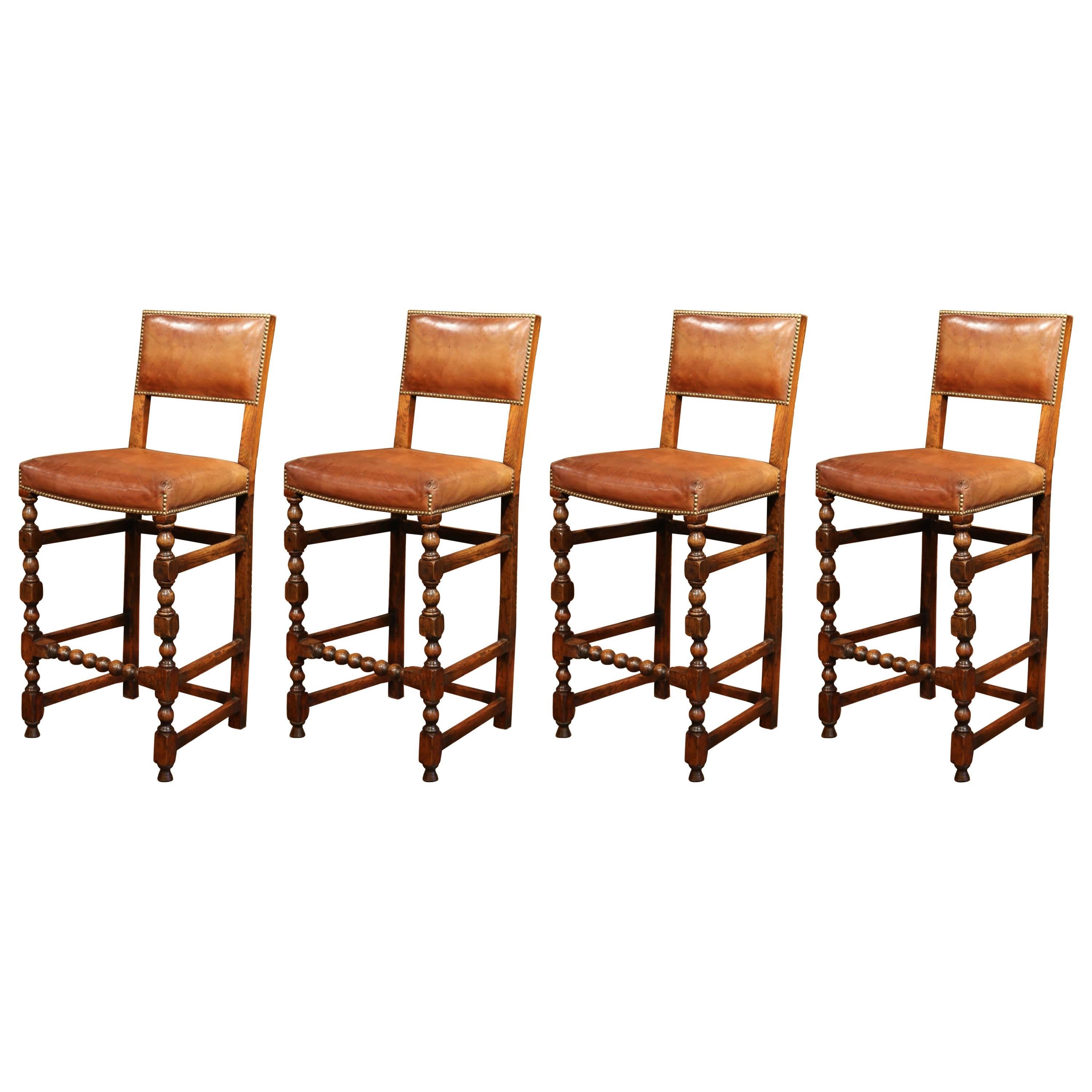 Four 19th Century French Carved Barstools with Back and Original Leather