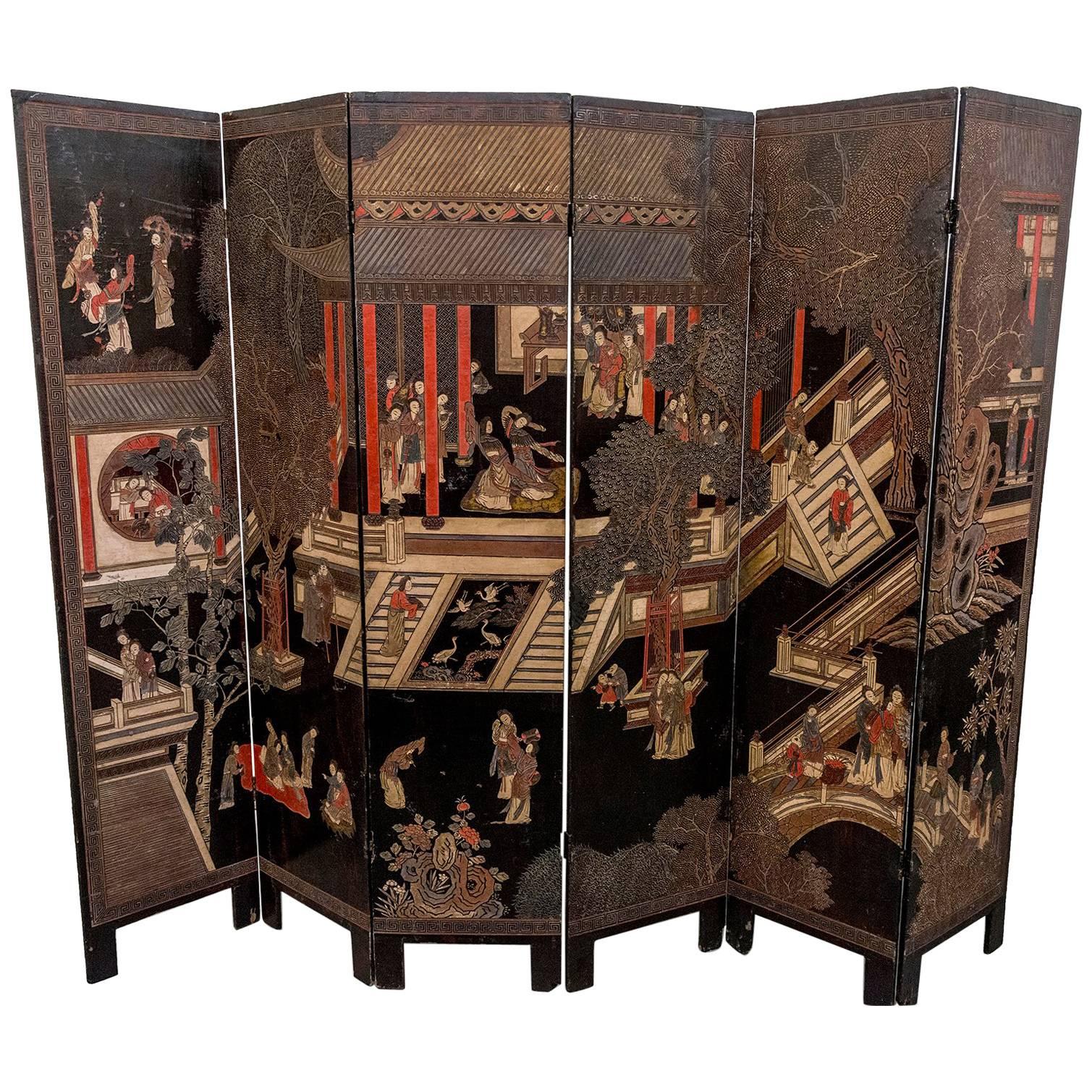 Coromandel Screen with Carved Asian Paintings and Written Characters