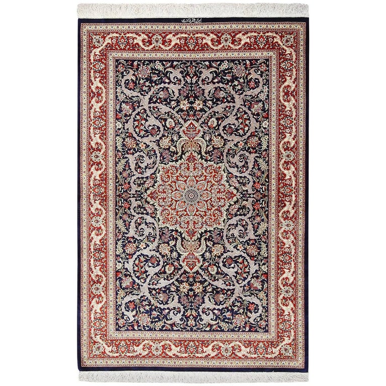 Small Scatter Size Navy Silk Persian Qum Rug For Sale at 1stdibs