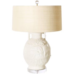 Vintage White Ceramic Faux Bamboo Ginger Jar Lamp, circa 1960