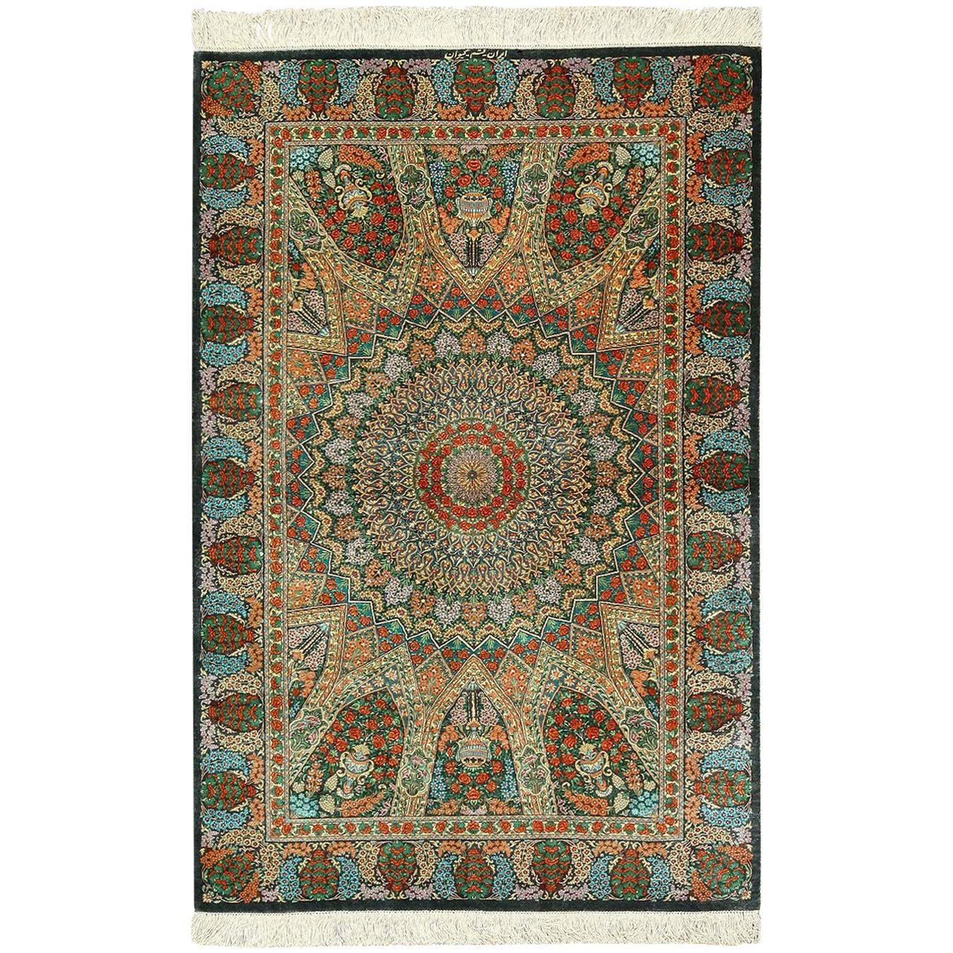 Green Background Silk Persian Qum Rug. Size: 3 ft 4 in x 5 ft (1.02 m x 1.52 m)