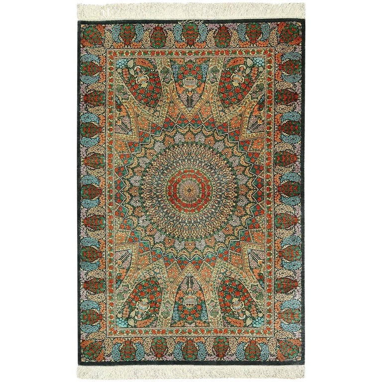 Green Background Silk Persian Qum Rug For Sale at 1stdibs