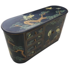 Chinoiserie Painted Lacquer Cabinet /Chest Floral Stelt Birds Paintings